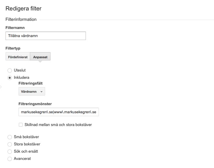 Redigera filter - Google Analytics
